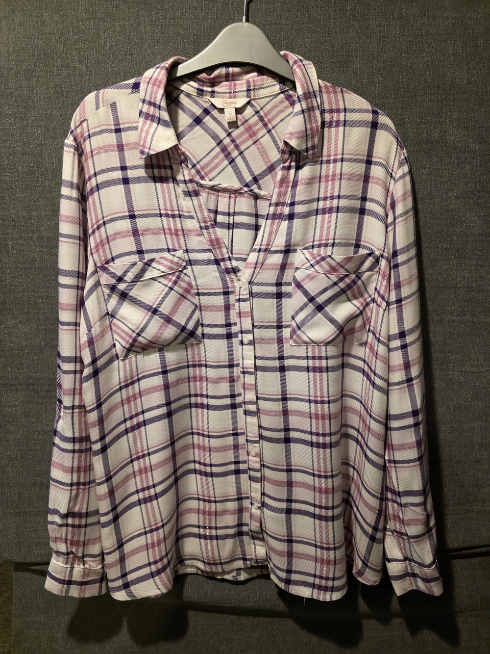 Candies Pink/Purple/white Plaid Button-Front V-neck Size XL PTP 24in Length 28in